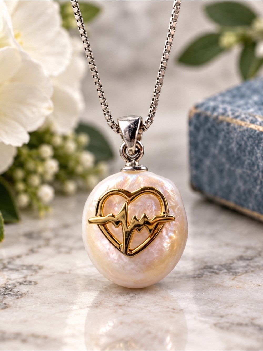 Sterling Silver and Genuine Pearl Heartbeat Heart Necklace With Chain